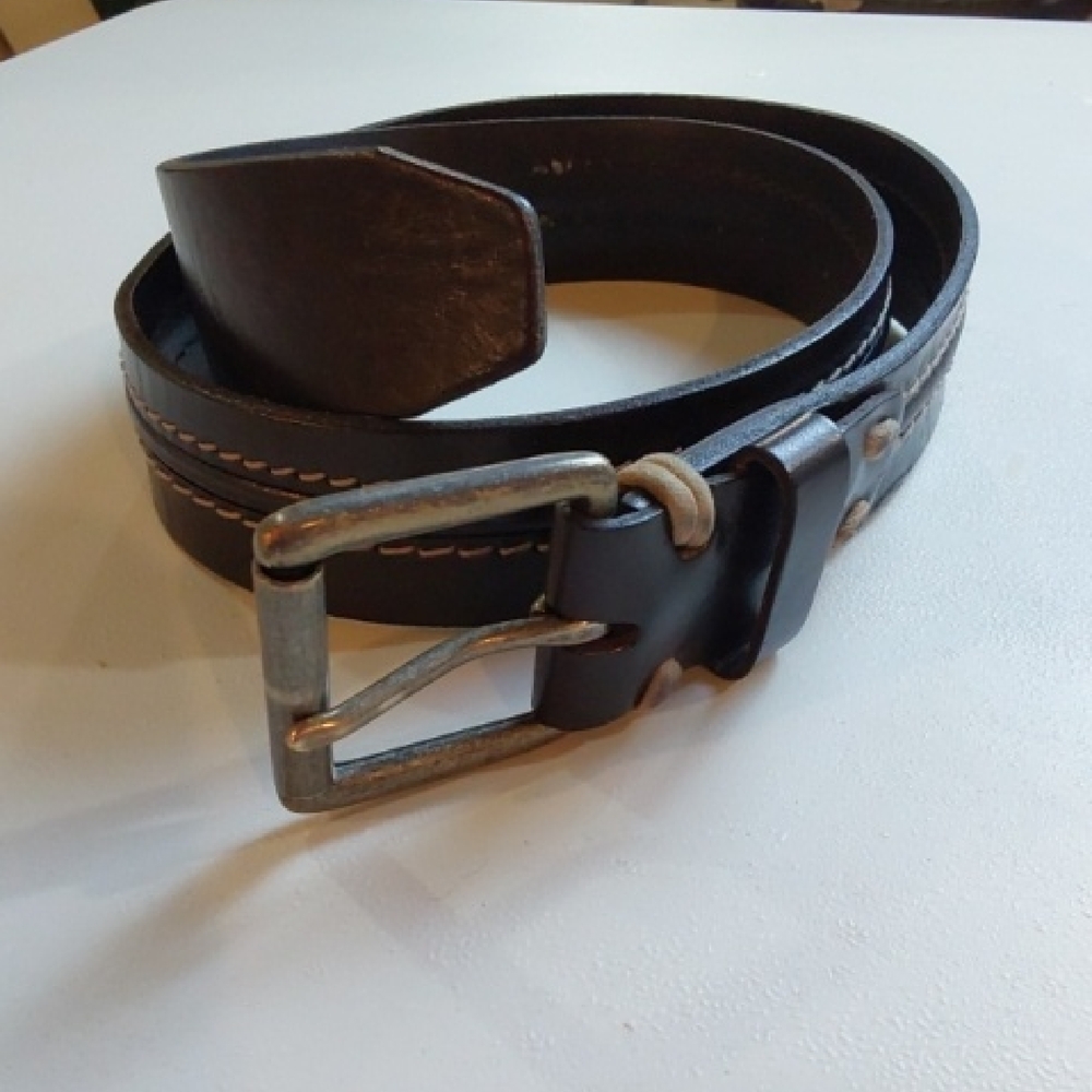 Lucky Brand Men's Dark Brown Double Stitch Leather Belt Stainless Buckle Sz.36